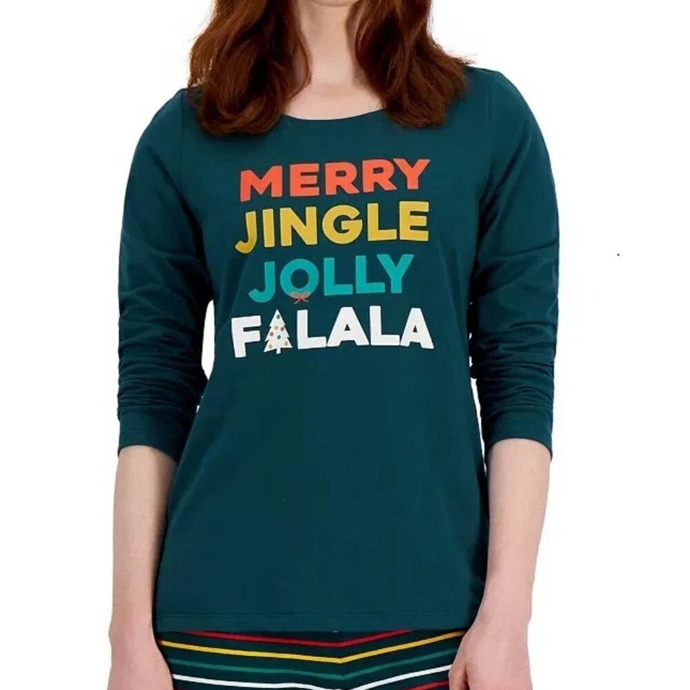 Family Pajamas Women's PJ Top, Green Merry Christmas Holiday Theme